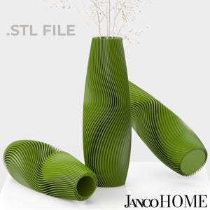 May include: Three green vases with a wavy, ribbed design. The vases are made of a material that looks like wood. The vases are arranged in a staggered pattern. The text .STL FILE is visible in the top left corner of the image.