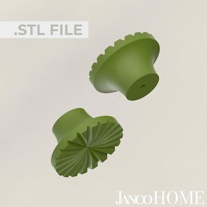 May include: Two green plastic furniture feet with a decorative design. The feet are shaped like a cone with a flat top and a textured bottom.