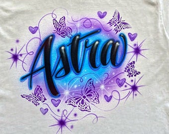 Airbrush T Shirt Script Name Hearts and Butterflies