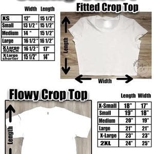 May include: A sizing chart for fitted and flowy crop tops. The chart includes measurements in inches for width and length, ranging from XS to 2XL. The image also shows examples of the crop top styles.