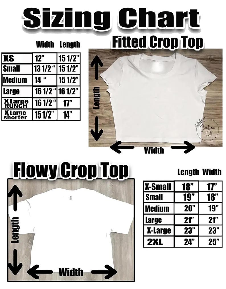 May include: A sizing chart for fitted and flowy crop tops. The chart includes measurements in inches for width and length, ranging from XS to 2XL. The image also shows examples of the crop top styles.