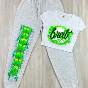 Custom Personalized Airbrush Name 2 Piece Set / Personalized Crop Top Sweatpants Set / 90's Outfit / Gift For Her