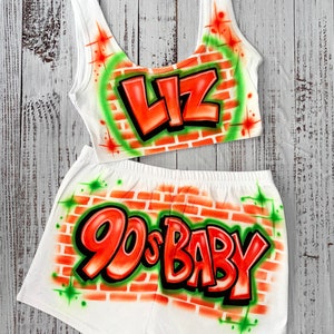 Custom Personalized Airbrush Name Booty Shorts Crop Top Set| 90s Clothing| Zodiac outfit| Birthday outfit| Airbrush outfit for Woman
