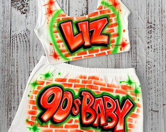 Custom Personalized Airbrush Name Booty Shorts Crop Top Set| 90s Clothing| Zodiac outfit| Birthday outfit| Airbrush outfit for Woman