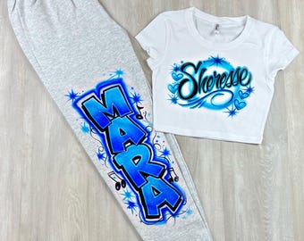 Custom Personalized Airbrush Name 2 Piece Set / Personalized Crop Top Sweatpants Set / 90&#39;s Outfit / Gift For Her