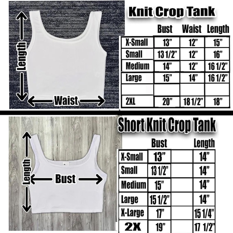 May include: White knit crop tank top and short knit crop tank top. The image includes a size chart with measurements for bust, waist, and length in inches. The chart provides sizes from X-Small to 2XL.