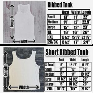 May include: White ribbed tank top and short ribbed tank top with size charts. The Ribbed Tank chart shows bust, waist, and length measurements in inches. The Short Ribbed Tank chart also shows bust, waist, and length measurements in inches.