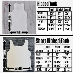 May include: A white ribbed tank top and a white short ribbed tank top, each displayed with a corresponding size chart. The charts list bust, waist, and length measurements in inches for sizes ranging from X-Small to 3X, with arrows indicating measurement points.