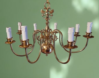 Lustre à 8 lumières, laiton, flamand hollandais du milieu du siècle