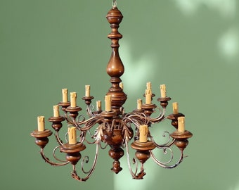 Vintage Italian chandelier 16 arms, iron with wood, big chandelier