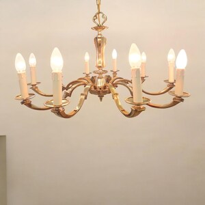May include: A gold-toned chandelier with eight candle-style light bulbs. The chandelier has a decorative, ornate design with curved arms.