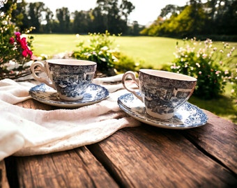 Juego de tazas de té, Inglaterra, escenas de entrenamiento, fabricado en Inglaterra por Johnson Bros. Ironstone. País de caza