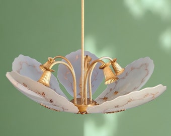 Pendant chandelier vintage, Modern light Space Age, vintage 80's, italian, gold and glass hanging lamp, 5 arms