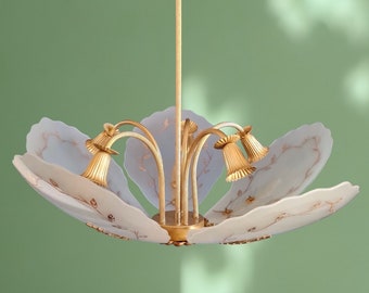 Pendant chandelier vintage, Modern 80&#39;s, italian, gold and glass hanging lamp, 5 arms