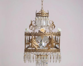 pendant chandelier vintage, glass crystals, brass, antique, italian, Medieval style, Chandelier, Crystal Pendant Lamp, hanging lamp