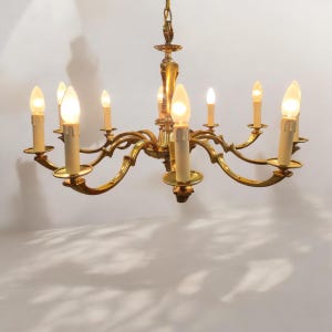 May include: A gold-toned brass chandelier with eight candle-style light bulbs. The chandelier has a traditional design with curved arms and a central decorative element.