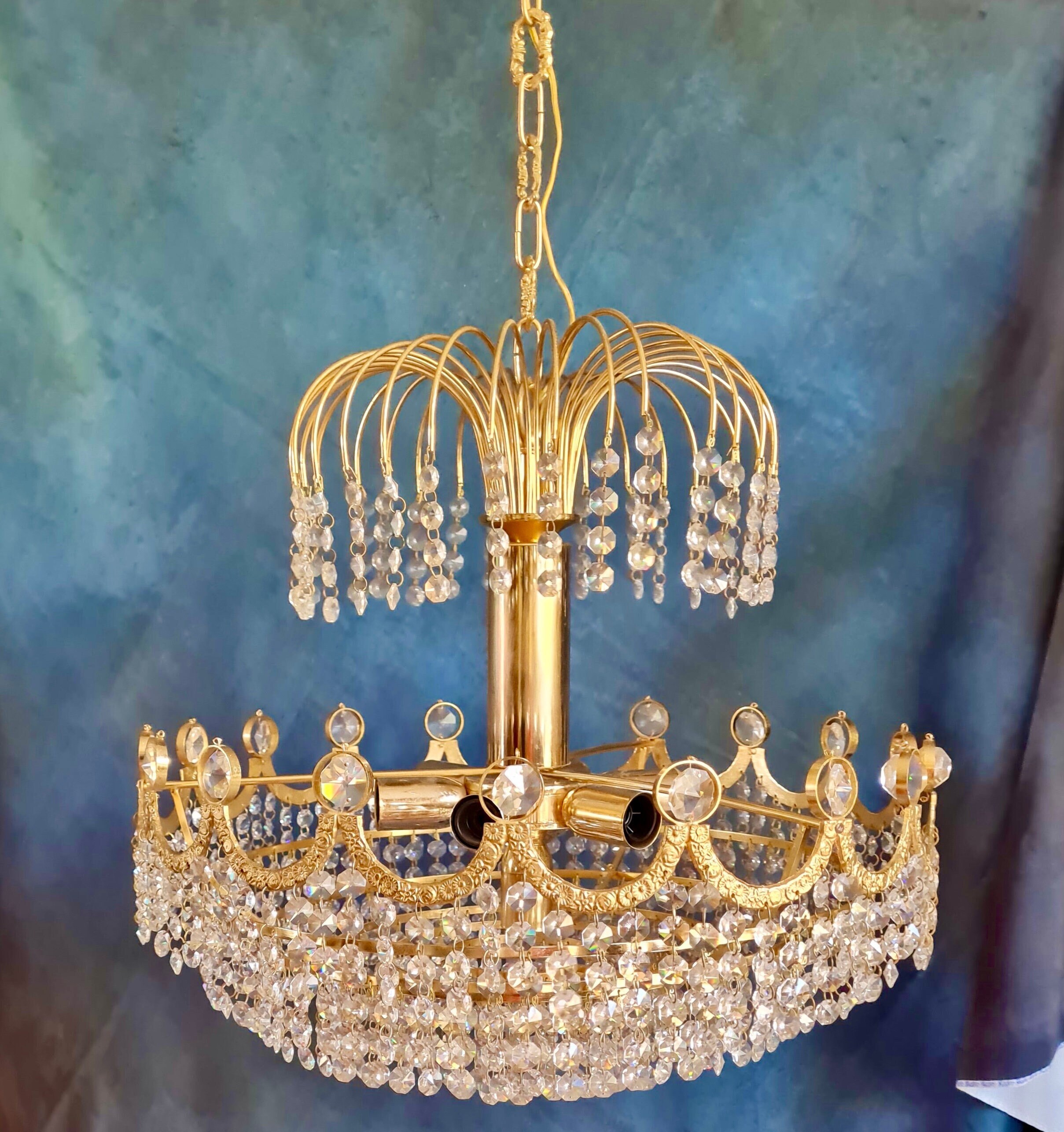 empire style pendant chandelier vintage with  crystal, Waterfall gold
