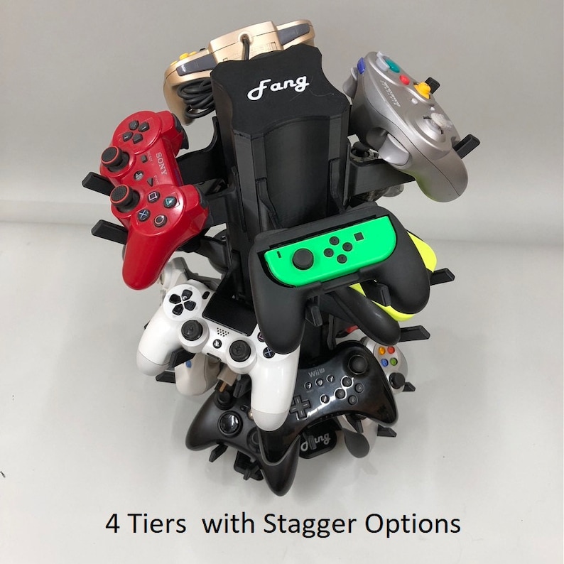 Modular Controller Stand - Fang Tower Neo Core (All Black) | Rotating Multi-Tier Display for Xbox, PS5, Switch, Retro | Expandable Organizer 4 Tier 16 Staggered