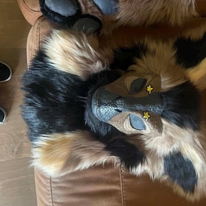May include: A full-head animal mask featuring long, shaggy faux fur in alternating patches of black and tan. The mask has a textured, dark snout, large dark eye openings, and small yellow star-shaped accents positioned near the outer corners of the eyes.