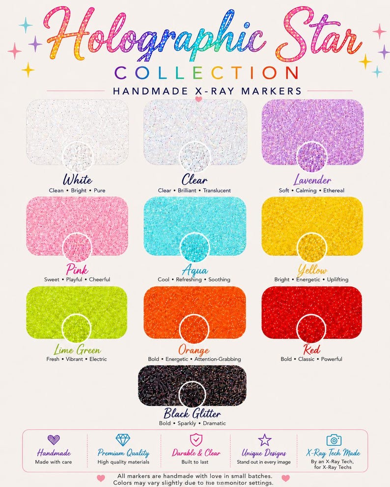 May include: A collection of handmade X-ray markers featuring ten distinct glitter colors: white, clear, lavender, pink, aqua, yellow, lime green, orange, red, and black. Each rectangular marker is displayed with its color name and descriptive adjectives.