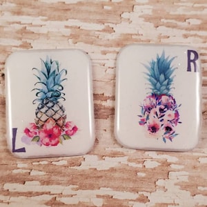 May include: Two white rectangular magnets with a pineapple design. The pineapples have blue leaves and are surrounded by pink flowers. One magnet has the letter "L" and the other has the letter "R".