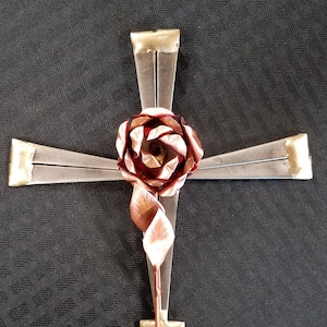 Metal With Copper Accents Handcrafted Horseshoe Nail Cross With Rose Wall Hanging
