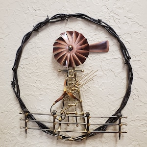Large Barbed Wire Horseshoe Nail Windmill Western Wall Hanging