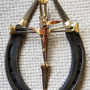 Horseshoe with Handcrafted Metal Horseshoe Nail Cross and Wheat Western Rustic Primitive Farmhouse Country Wall hanging