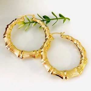 Bamboo Hoop Earrings, 18 K Gold Filled Hoops, 18 k Gold Filled Hoops with 2 " Diameter, Medium Bamboo, Lightweight Statement Hoops, Hopps