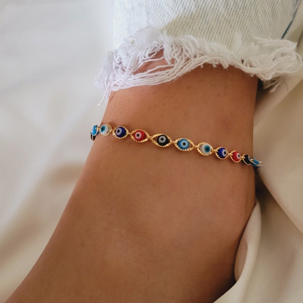 Evil Eye Anklet Bracelet, 18k  Gold Evil Eye Anklet  Bracelet, Trendy Multicolor Anklet Bracelet, Evil Eye Anklet,  Summer Evil Eye Anklet