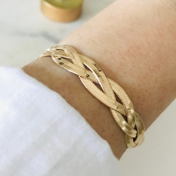 18K Gold Filled 3mm, Triple Twisted Herringbone,Braided Herringbone Bracelet, Gold Stacking Bracelet,Flat Snake Bracelet, Stack Bracelet