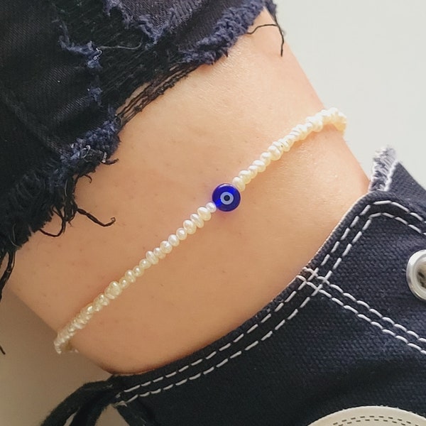 Freshwater pearl anklet, Evil Eye Anklet Bracelet,  Simple Pearl Anklet, Freshwater Pearl Anklet, Beaded Anklet ,Natural Freshwater Pearl