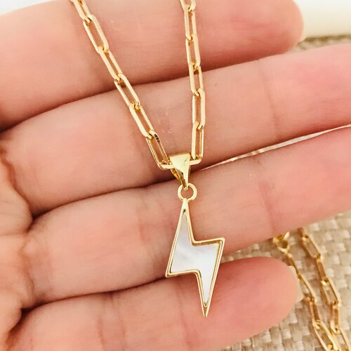 Gold Lightning Bolt Necklace Tiny White 