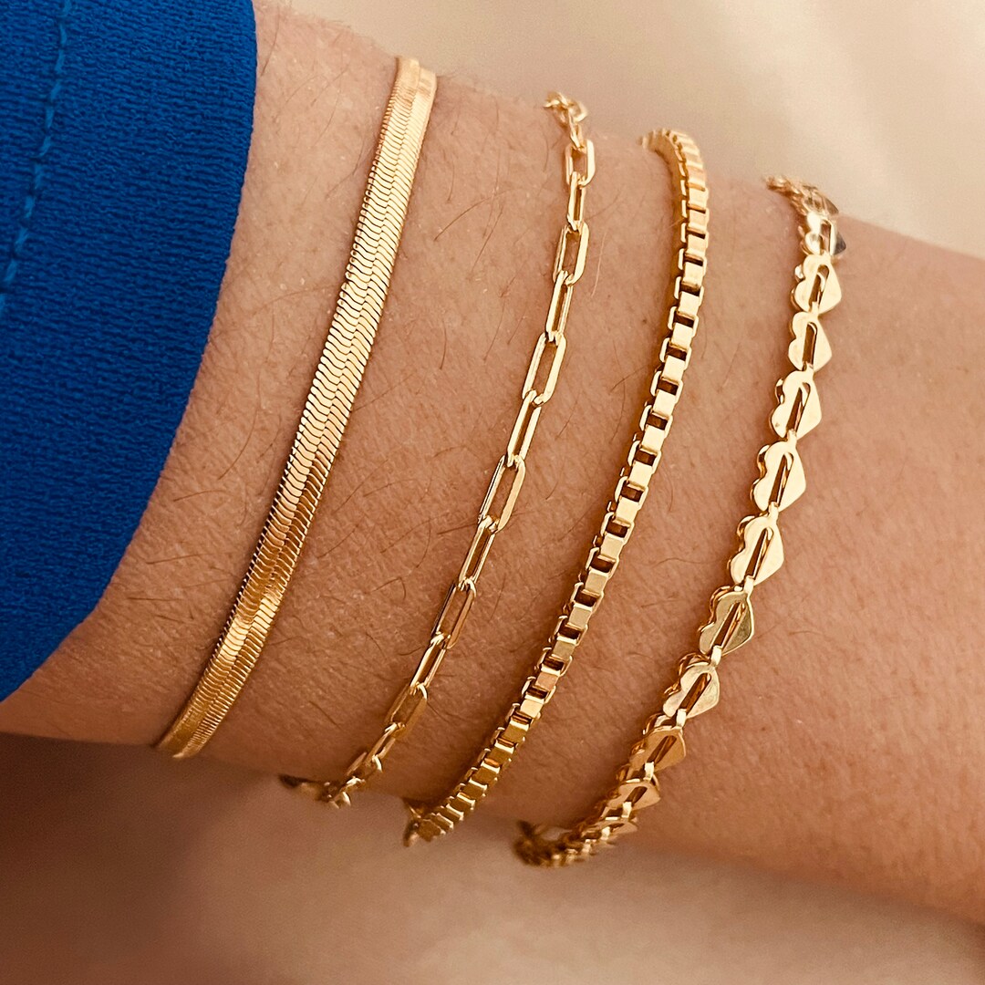 4 Layered Gold Bracelet Set / Gold Bracelet Set / Paperclip Chain Bracelet / Femme Bracelet