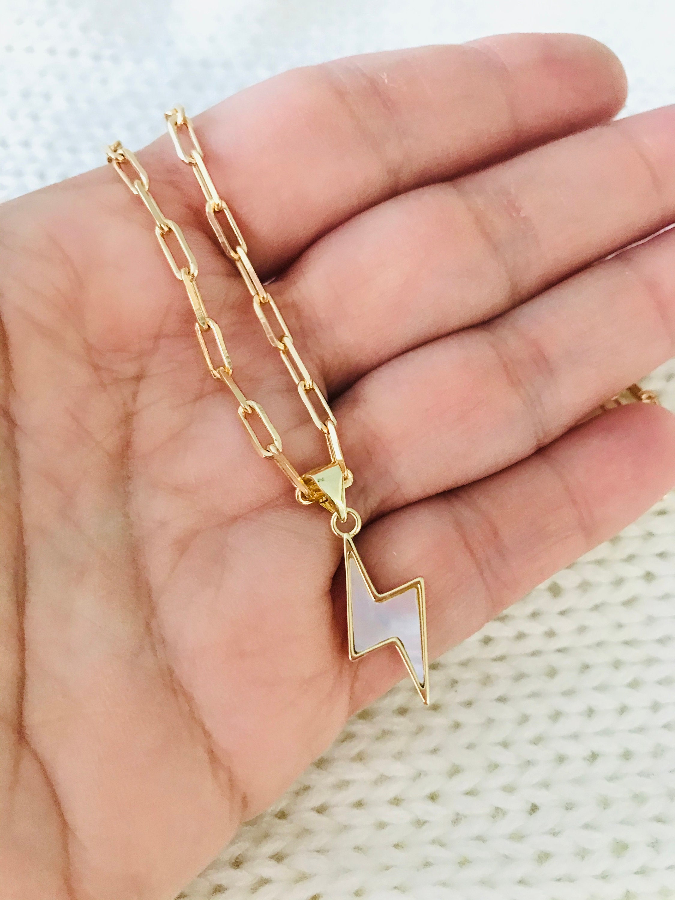 Gold Lightning Bolt Necklace Tiny White Lightning 18K Gold Etsy