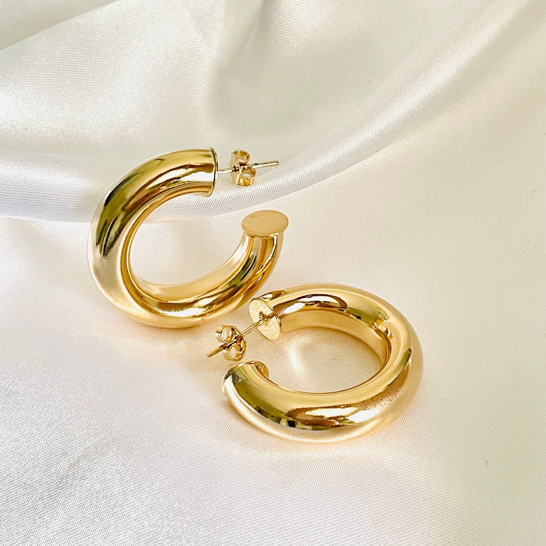 18k Chunky Gold Hoops, Chunky Hoop Earring Hypoallergenic, Gold Thick ...