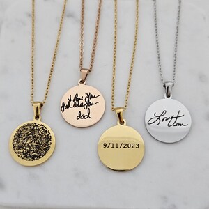 Fingerprint Handwriting Necklace,Sentimental Gift, Memorial Gift  Engraved Actual Handwriting Circle Charm Necklace Signature Disc Necklace