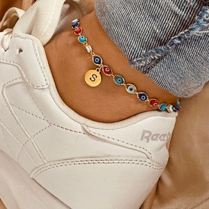 Evil Eye Anklet Bracelet, 18k  Gold Evil Eye Anklet  Bracelet, Trendy Multicolor Anklet Bracelet, Custom Anklet,  Summer Evil Eye Anklet