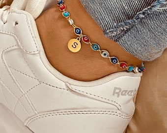 Evil Eye Anklet Bracelet, 18k  Gold Evil Eye Anklet  Bracelet, Trendy Multicolor Anklet Bracelet, Custom Anklet,  Summer Evil Eye Anklet