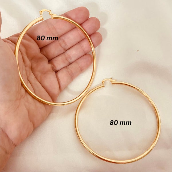 18K Large Gold Hoops, Gold Hoop Earrings Large Big Hoop Earring 3", Hugie Hoop Oversize Earring 3 inch Hoop Gold Earrings, Big Round Large