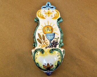 Traditional Hand-Painted Ceramic Holy Water Font - Italian Maiolica