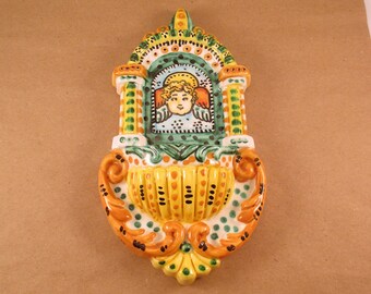 Hand-Painted Ceramic Holy Water Font with Angel