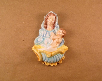 Virgin Mary and Baby Jesus - Hand-Painted Ceramic Holy Water Font