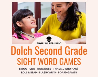 Dolch Second Grade Sight Word Bingo, Flashcards, Dominoes, UNO, Jenga, Checkers, Roll & Read, and other Printable Board Games