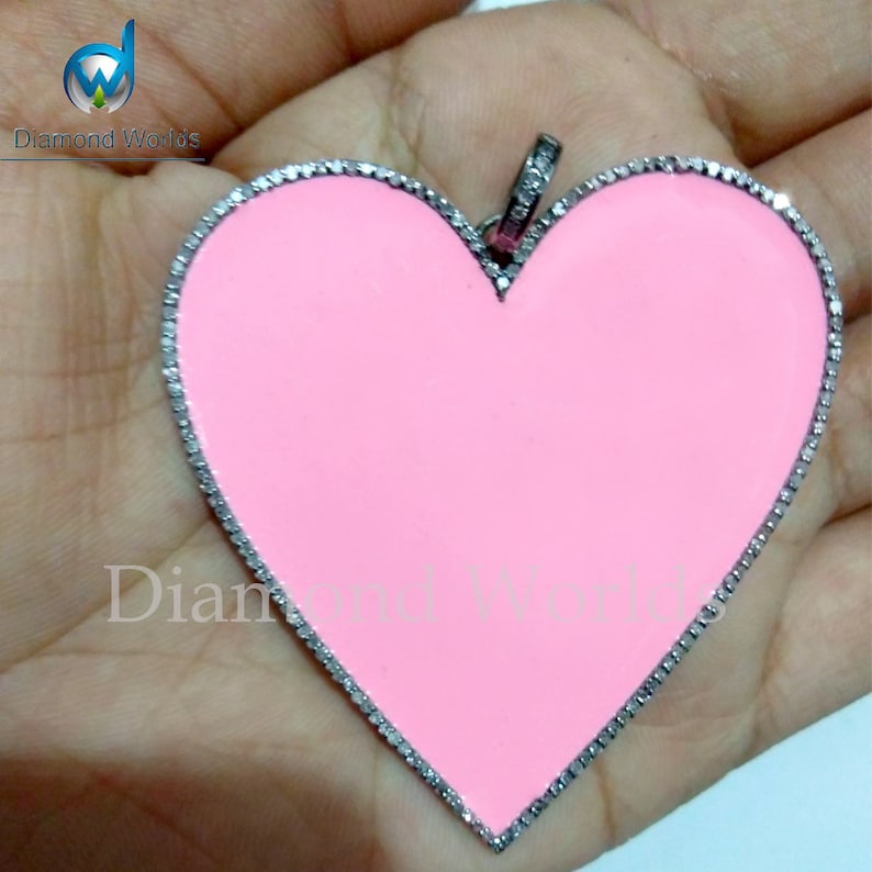 Valentine Sale 55 MM Heart Pink Enamel Friends Gift Heart 925 Sterling Silver Pave Diamond Pinak Enamel Heart Pendant Large Diamond Heart