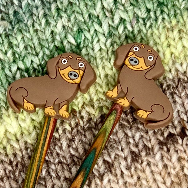 Knitting Needle Stoppers, Point Protectors (Set of 2) Brown Dachshund Sausage Dog FREE SHIPPING AUSTRALIA