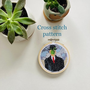 Son of man - Rene Magritte - cross stitch art - mini art - Cross stitch pattern PDF - counted cross stitch - instant download