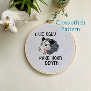 Vivre moche - simuler la mort - opossum - point de croix amusant - décoration d'intérieur - modèle de point de croix PDF - point de croix compté - téléchargement immédiat
