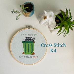 Trash can - trash can't - raccoon - trash panda - cute -  Modern cross stitch kit - beginner cross stitch kit - Easy cross stitch
