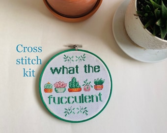 What the fucculent - succulent - cactus - plant lover - gift - modern cross stitch kit - beginner cross stitch kit - Easy cross stitch